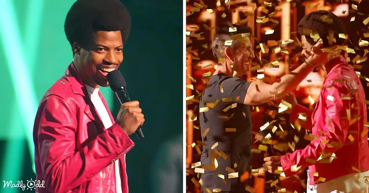 A man in a red jacket holds a microphone, smiling, while another man in a black shirt celebrates with confetti.