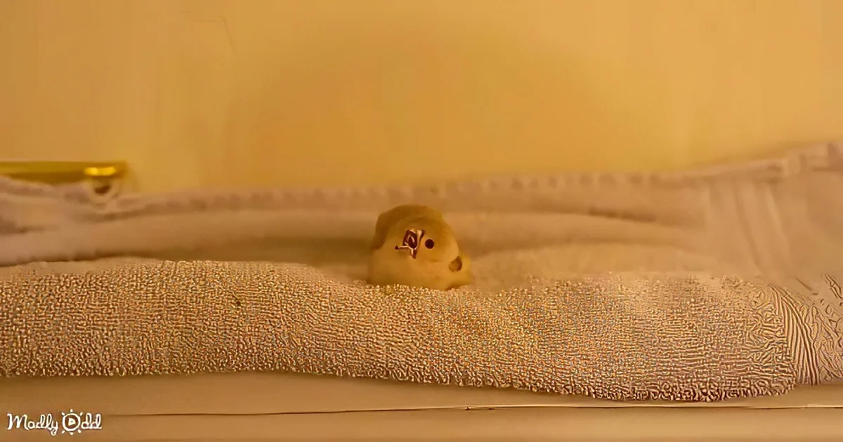A small yellow chick rests on a white towel against a yellow wall.