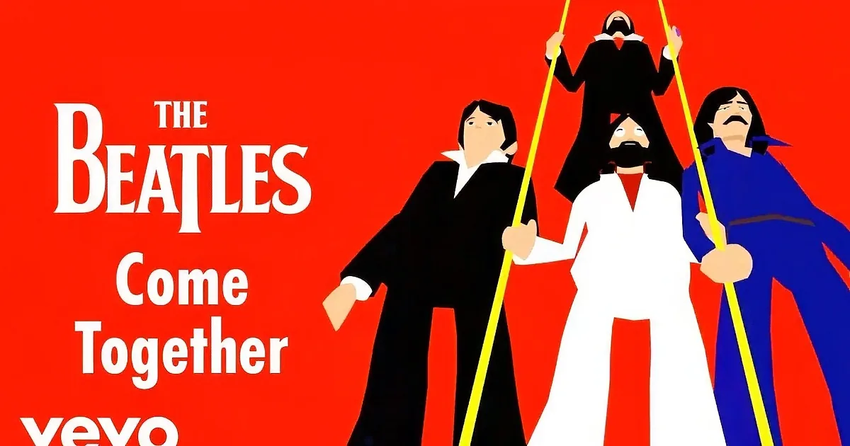 A cartoon Beatles group walks up a zebra crossing against a red background.