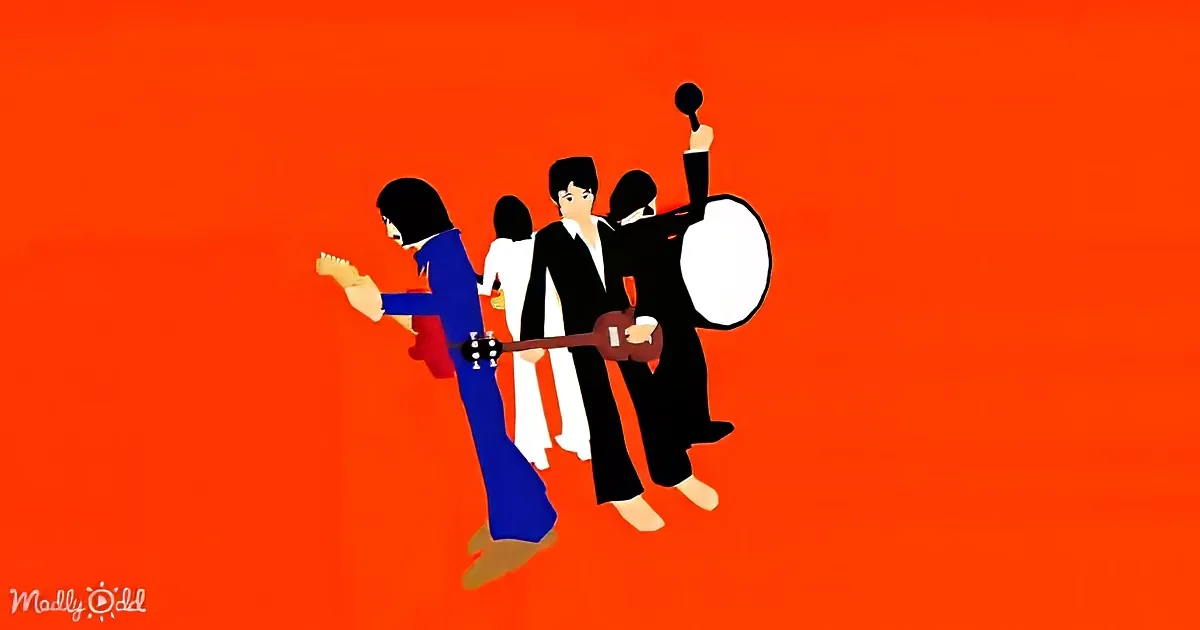 Four musicians in colorful outfits play instruments against a vibrant orange background.