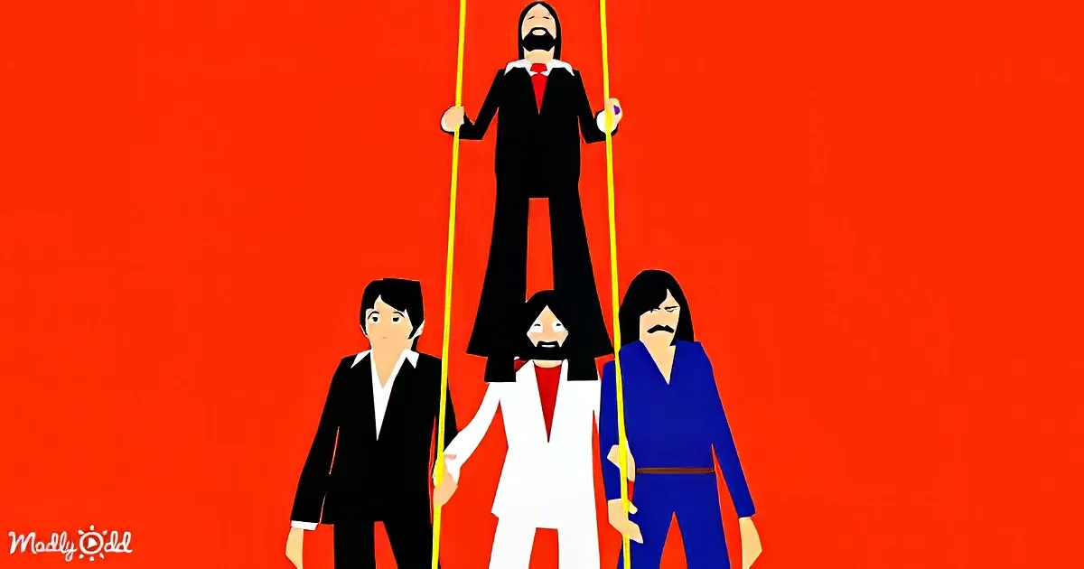 A man in a suit is being held up by strings, with three other men standing below him.