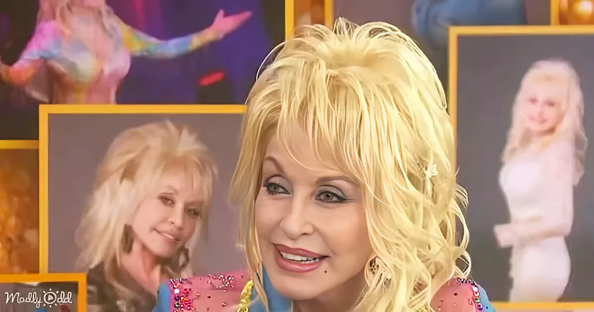 Dolly Parton smiles in a vibrant setting with colorful background images.