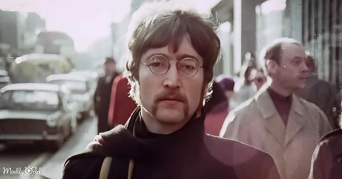 A man with glasses and a mustache stands in a busy street, surrounded by people and vintage cars.