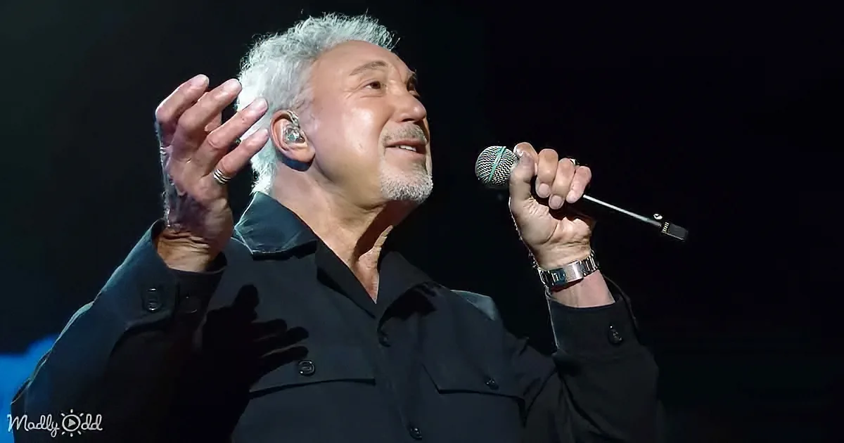 A man with white hair and a beard, wearing a black jacket, sings into a microphone with his hand raised.