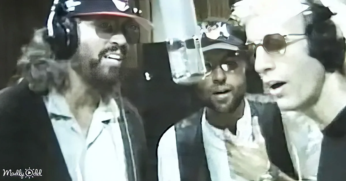 Three men wearing headphones, one with a red cap, appear to be in a recording studio or broadcast setting.