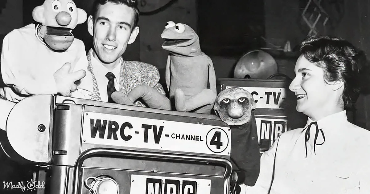 A man and woman pose with puppets on a WRC-TV Channel 4 set, likely from the 1950s.