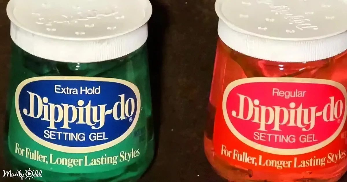 Two jars of Dippity-do setting gel, one green "Extra Hold" and one red "Regular," both for fuller, longer-lasting styles.