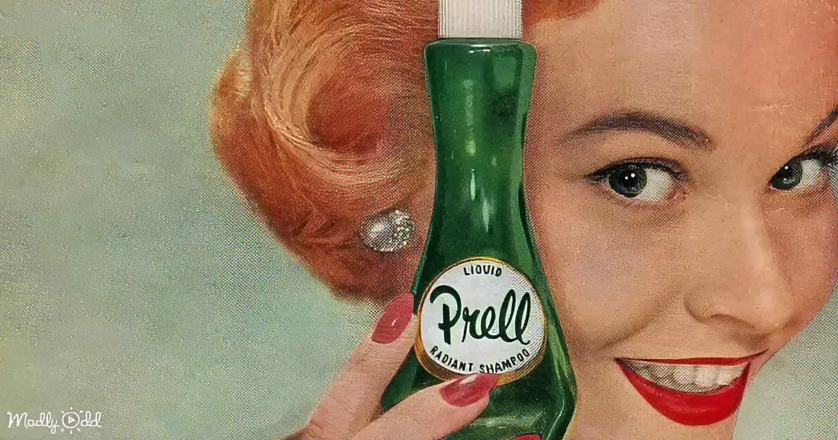 A woman holds a green Prell Radiant Shampoo bottle, smiling with red lipstick and a pearl earring.
