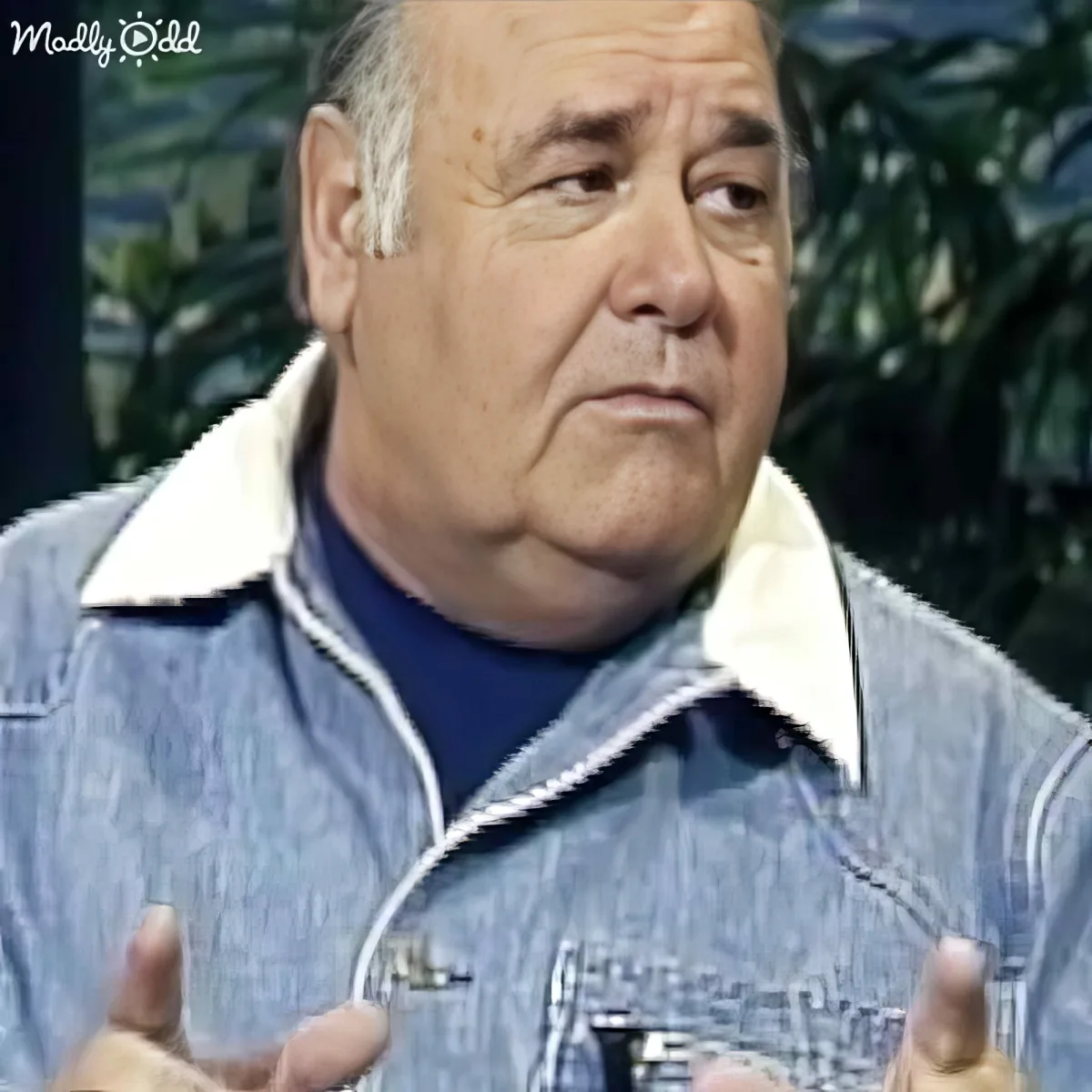 A man in a denim jacket and blue shirt is gesturing with his hands, set against a blurred background of greenery.