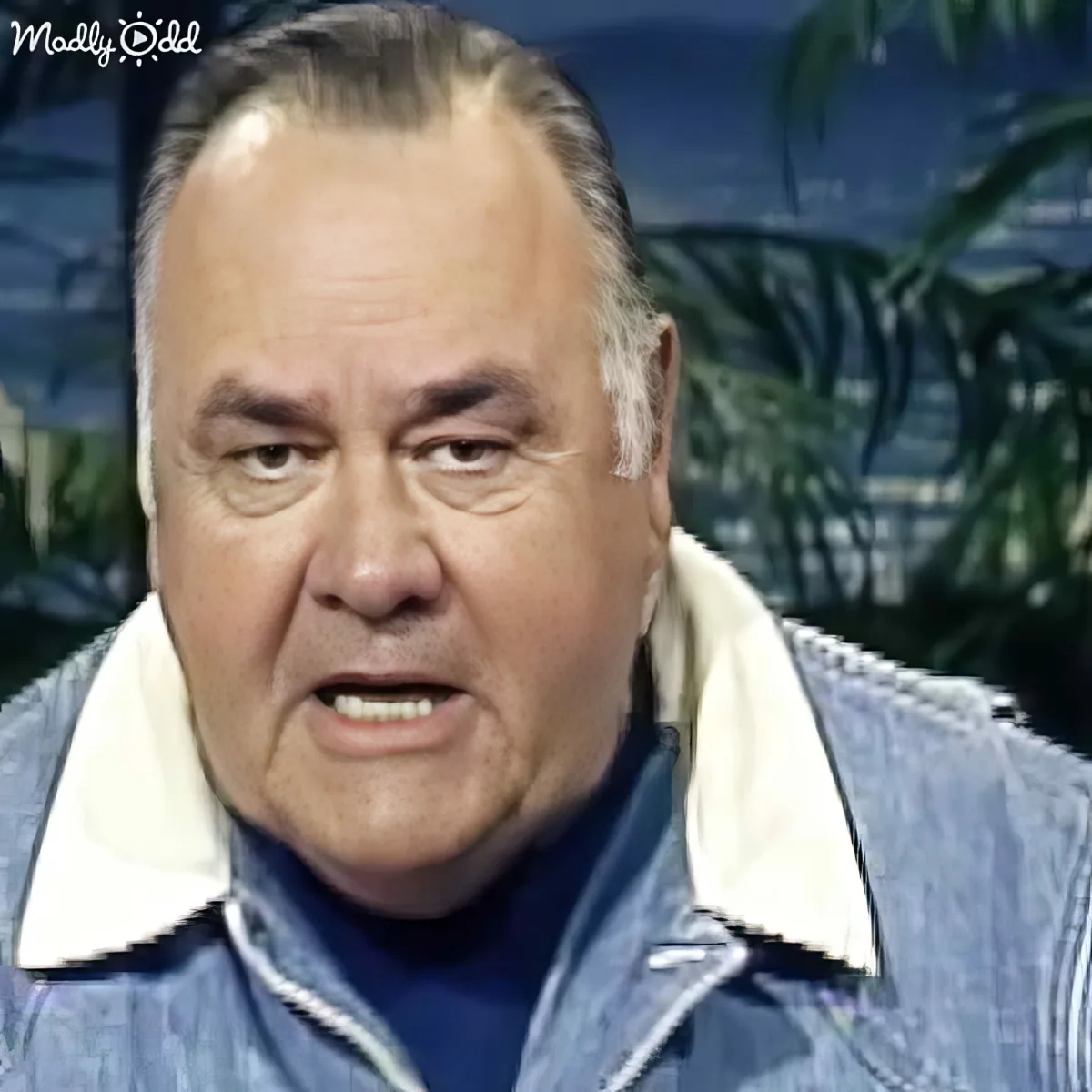 A man in a denim jacket and white shirt appears to be speaking, with a tropical background.