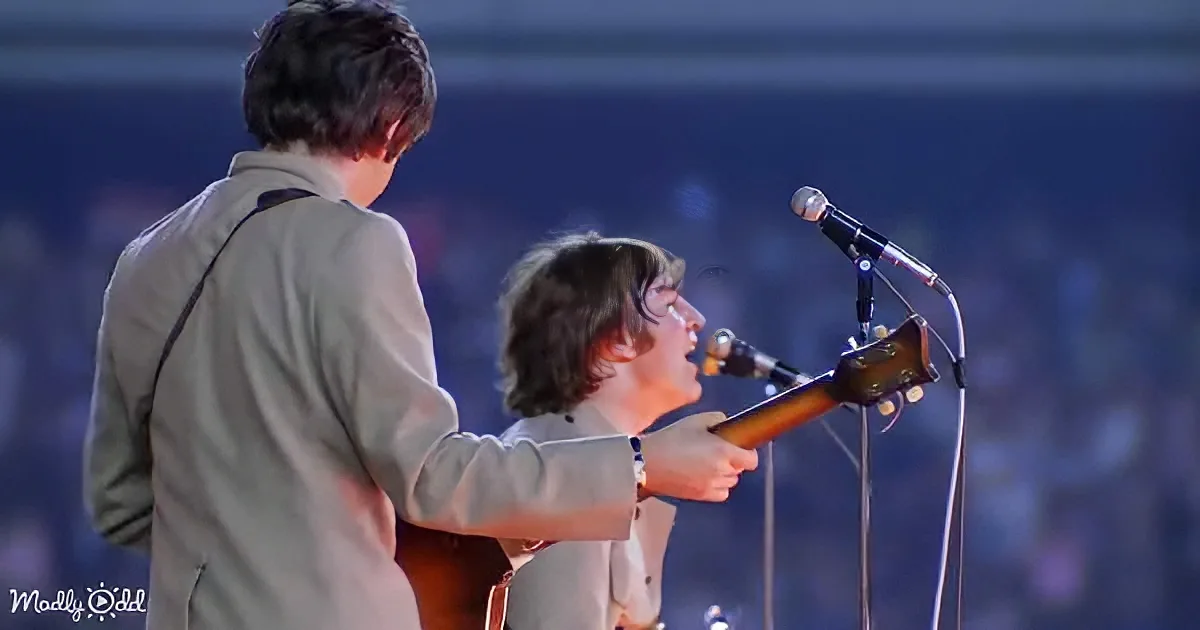 A person plays guitar while another sings into a microphone on stage.