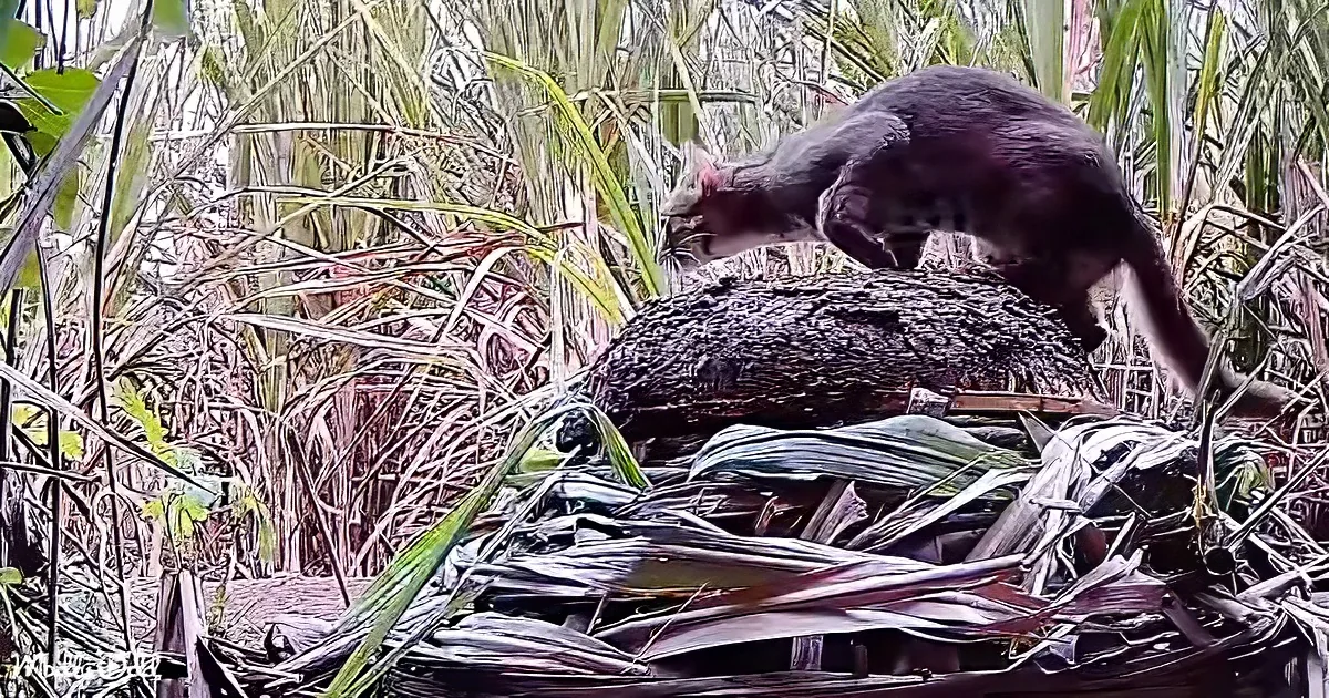 A cat stands on a log amidst tall grass and dried leaves, appearing to sniff or investigate something.