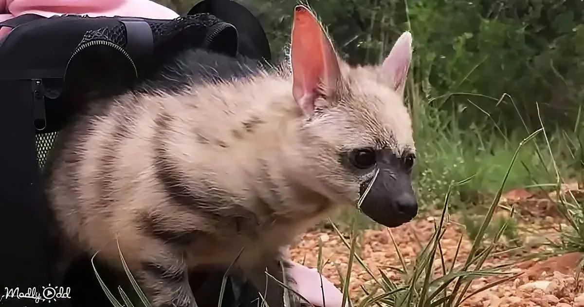 A baby hyena with distinctive black and white stripes and pink ears stands on grass near a person in a black backpack.