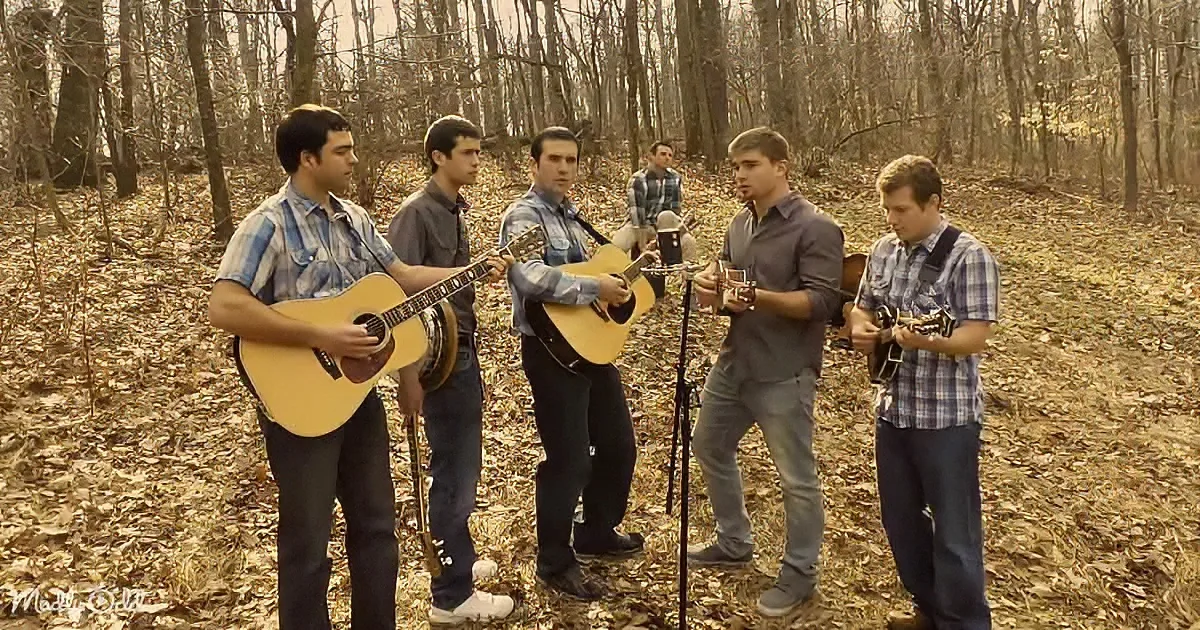 Six young men play acoustic guitars and sing in a forest setting.