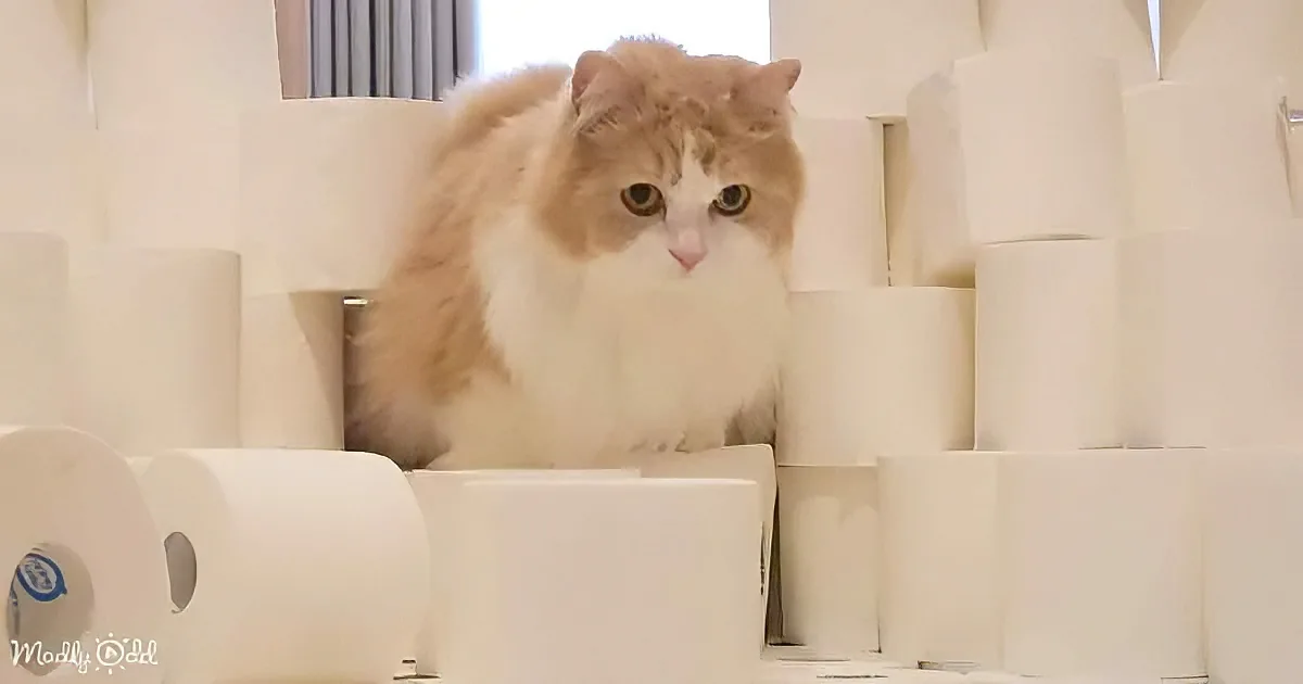 A fluffy cat with a white and orange coat sits amidst a pile of toilet paper rolls.
