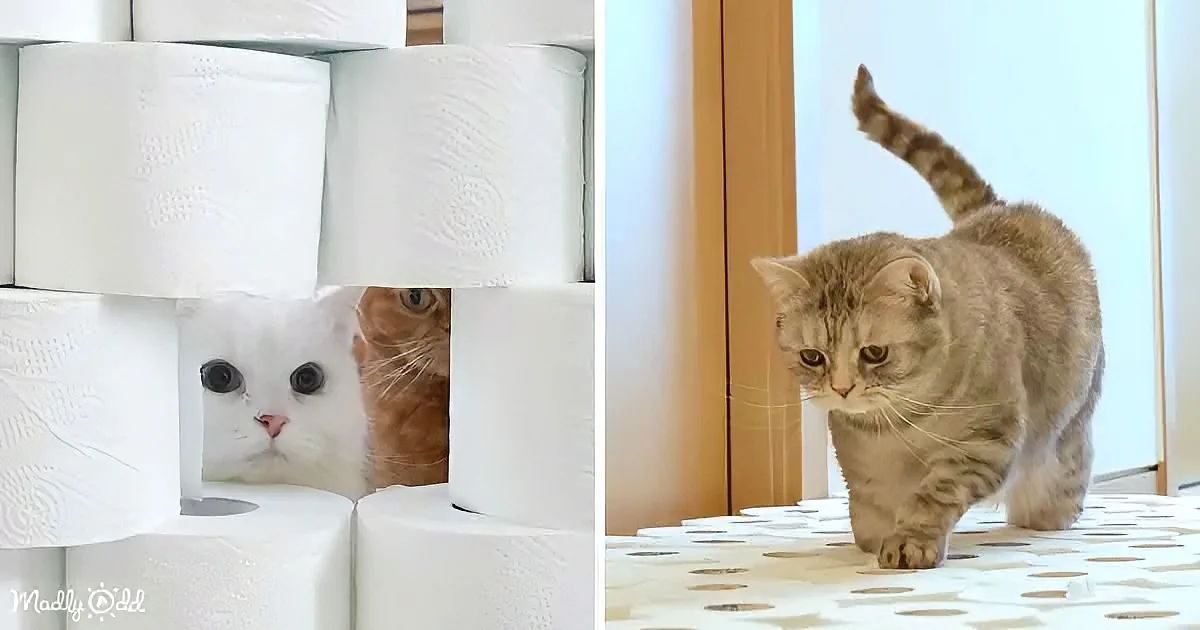 Two cats peek through toilet paper rolls, one walks on a toilet paper-covered floor.