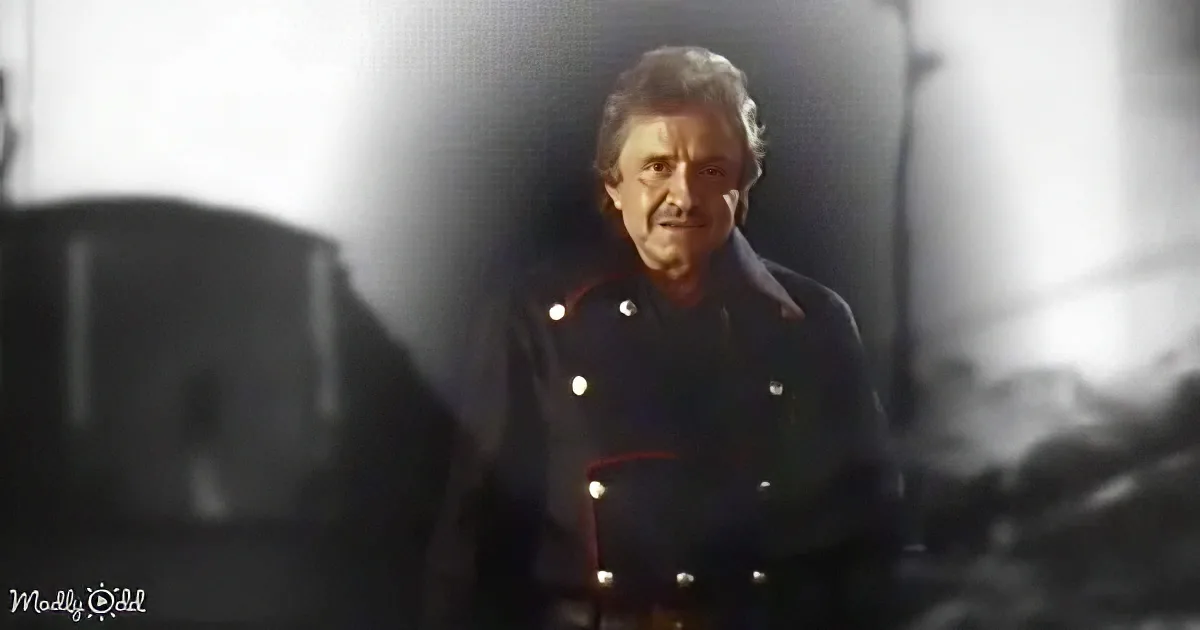 A man in a dark uniform with red accents stands in a dimly lit, possibly industrial setting.