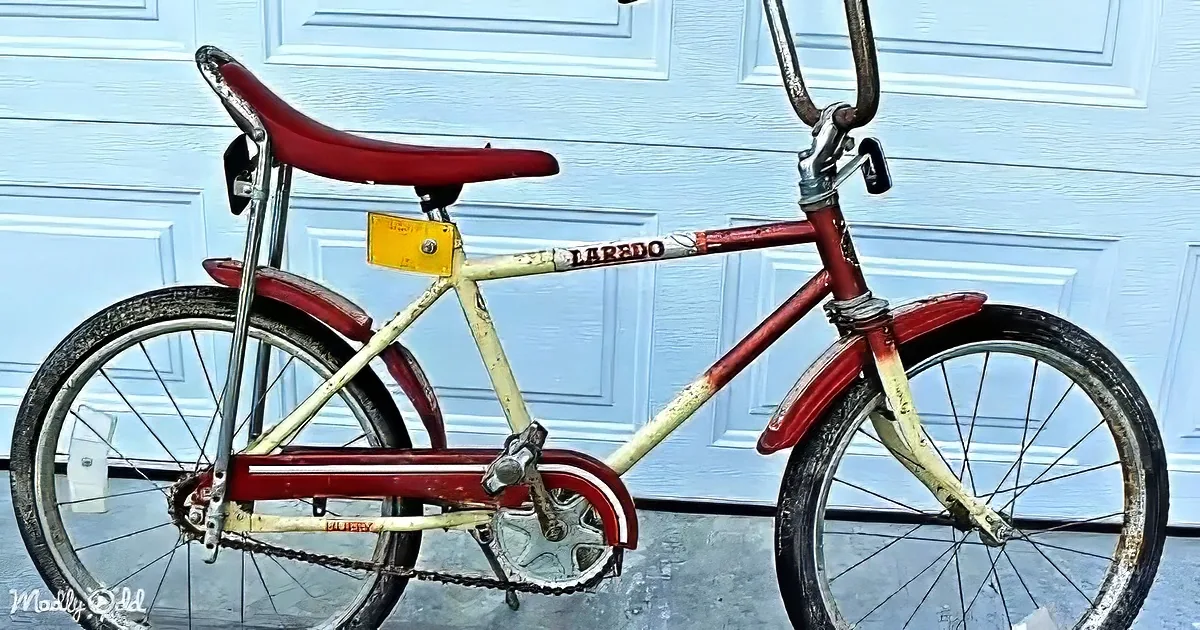 A vintage red and white bicycle with "Laredo" branding is parked in front of a blue garage door.