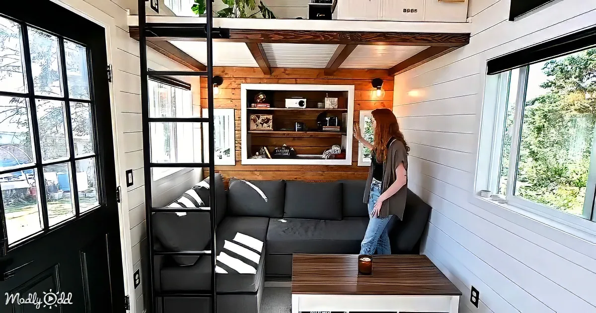 A woman stands in a cozy, modern tiny house with a sectional sofa, wooden shelves, and large windows.