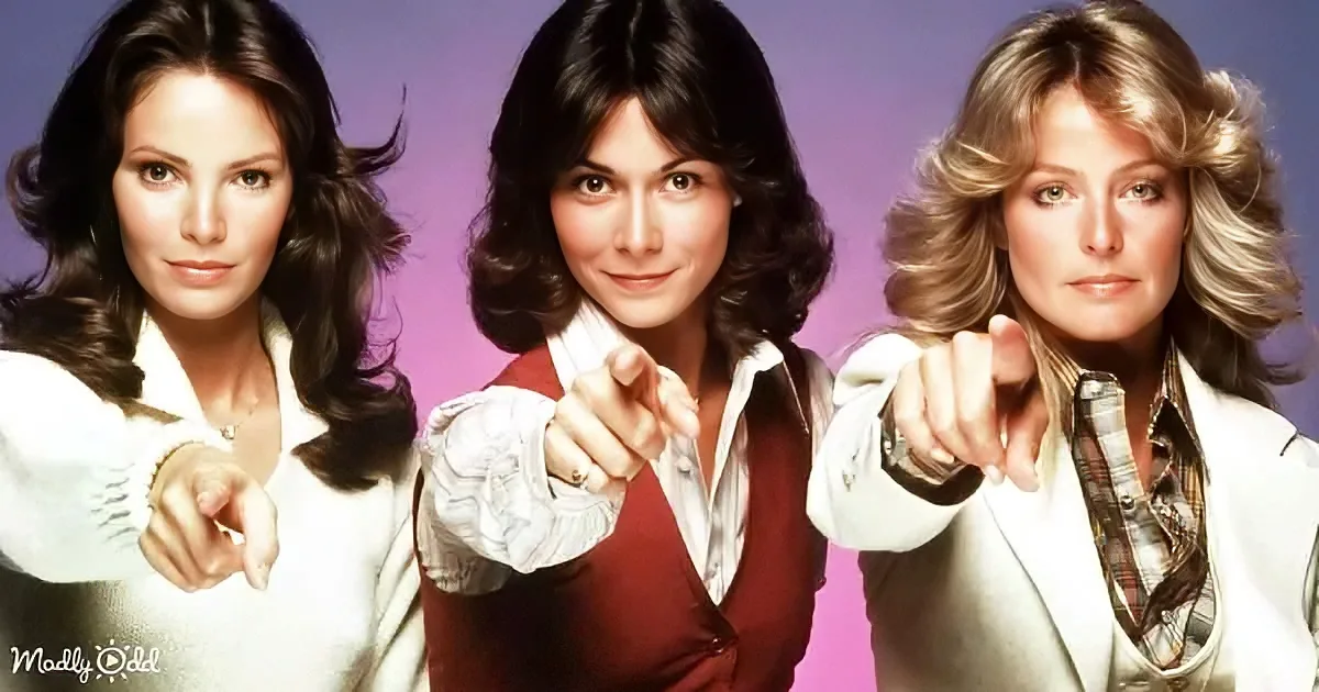 Three women in 1970s attire point forward against a purple background.