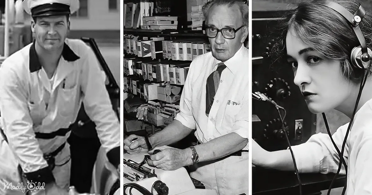 A man in a uniform, another in a lab coat, and a woman with headphones are shown in separate black-and-white images.