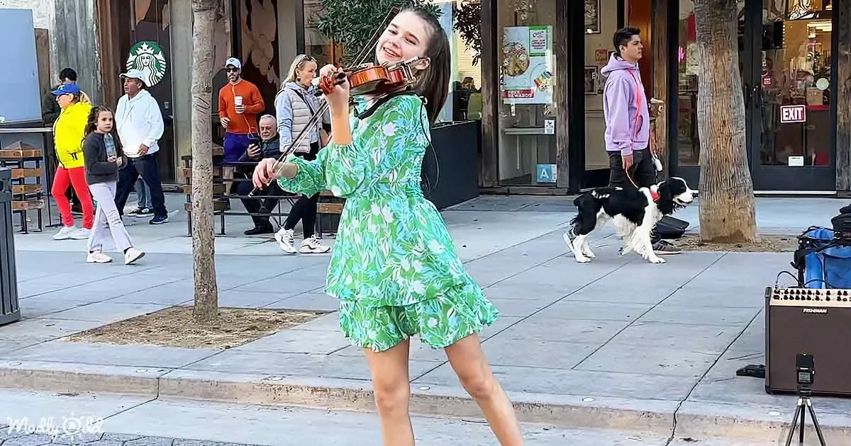 A woman in a green floral dress plays violin on a sidewalk, surrounded by pedestrians and a dog.