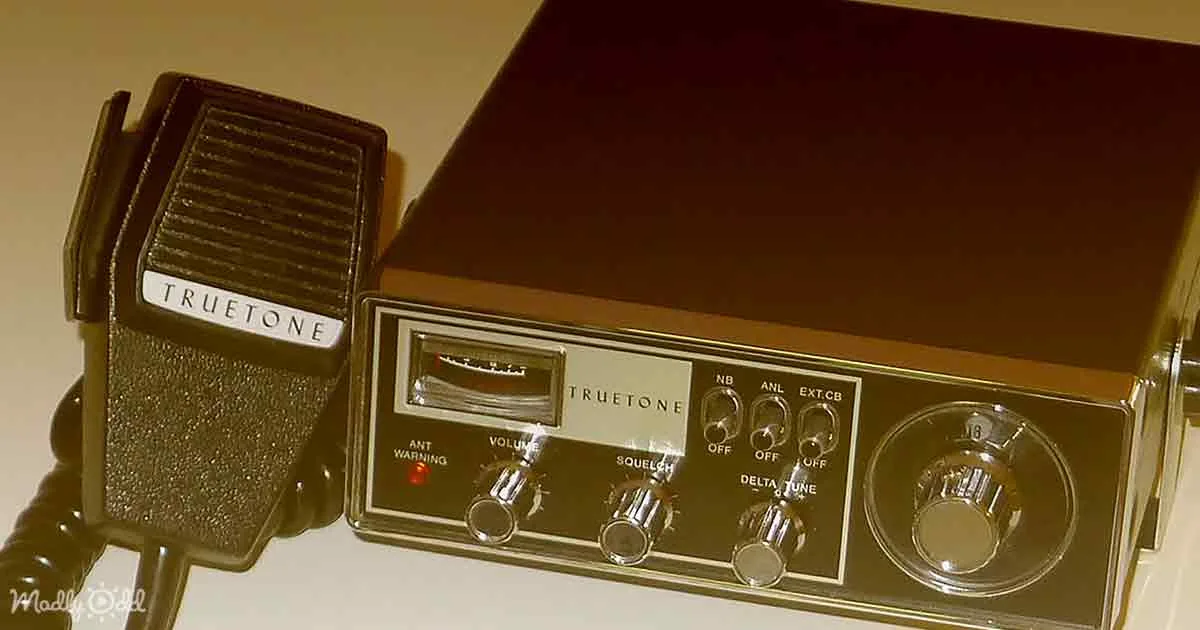 A Truetone CB radio with a microphone and control panel is displayed.