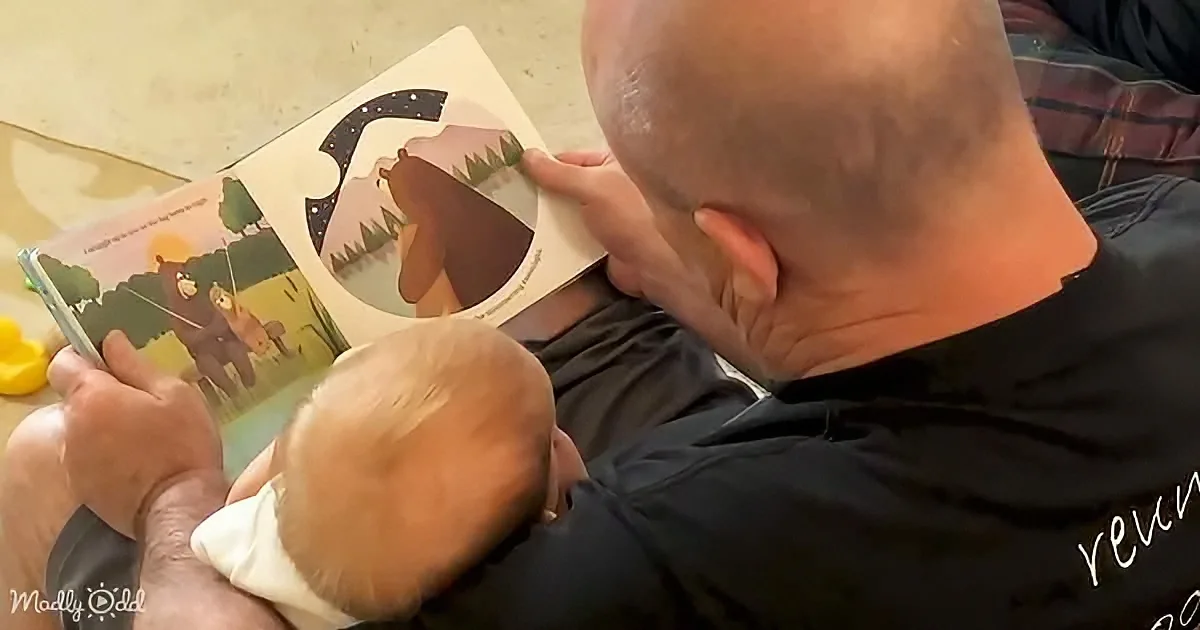 A man reads a book to a baby, both seated, with the man holding the book open.