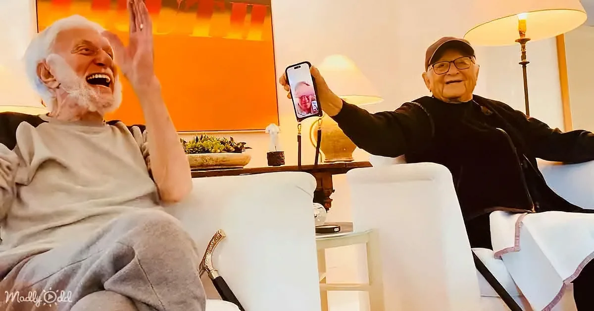 Two elderly men are laughing and smiling, one holding a phone showing another man's face.