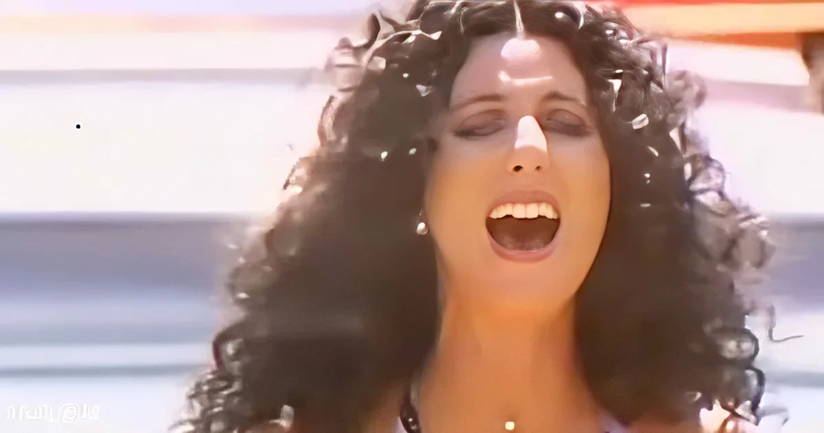 A woman with curly hair and a necklace is singing with her eyes closed, possibly by a beach.