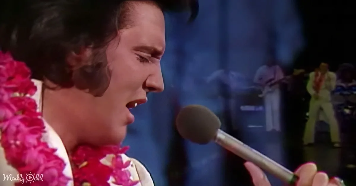 A man in a floral shirt sings into a microphone, adorned with pink flowers, against a stage backdrop.