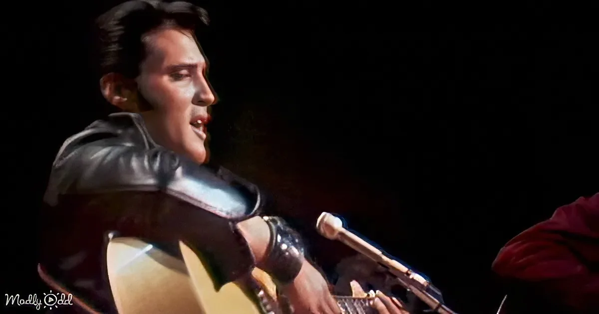 A man in a black leather outfit plays a guitar on stage, singing into a microphone.