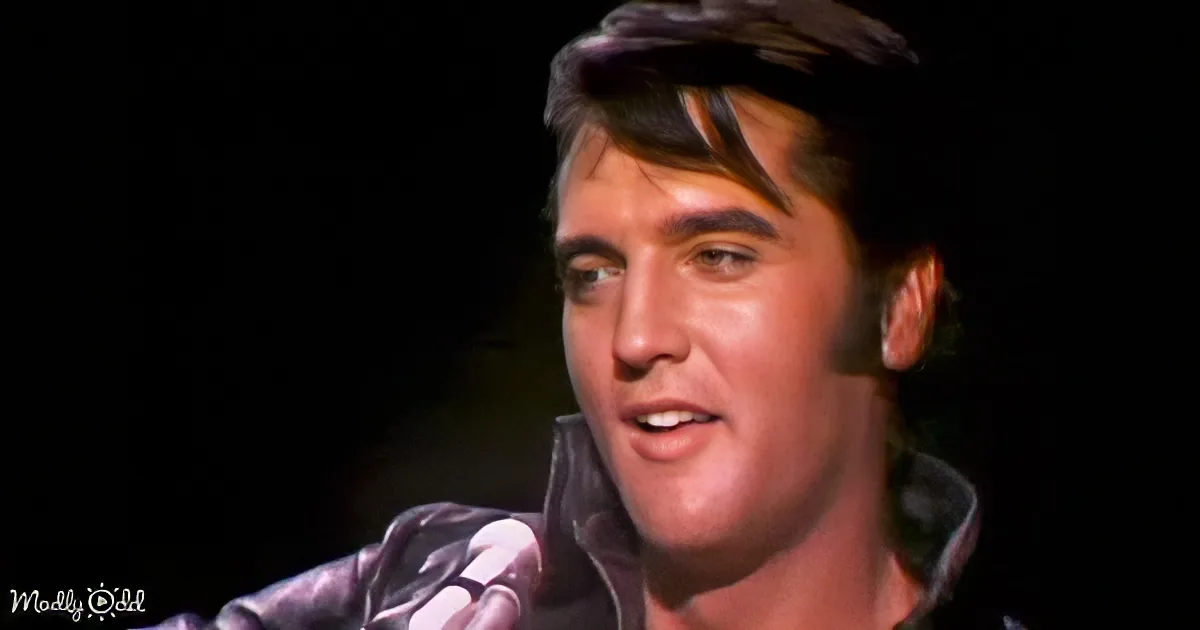 Elvis Presley singing into a microphone, wearing a black jacket, with a dark background.