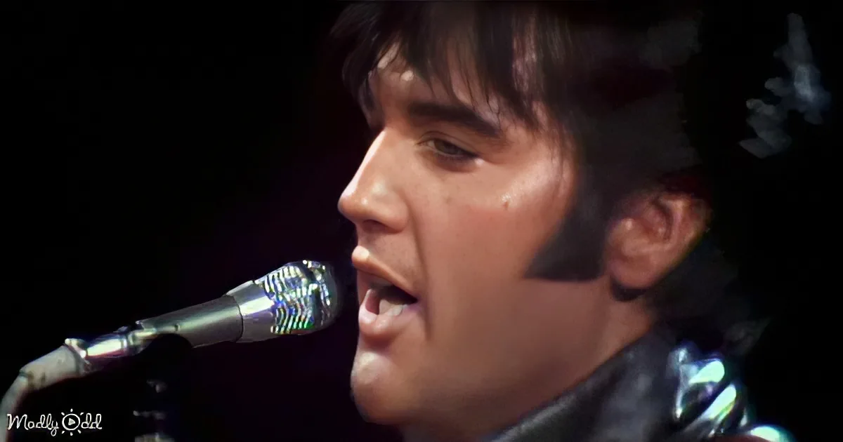A close-up of a person singing into a microphone, wearing a shiny outfit.