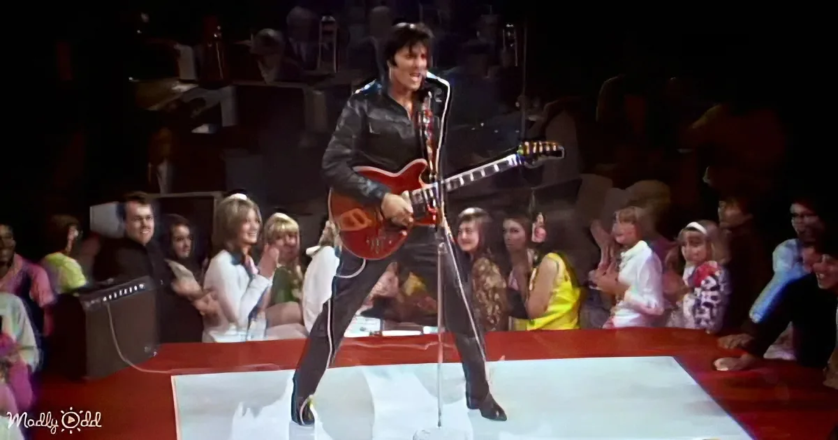 A performer in a black outfit plays a red guitar on stage, surrounded by an audience.