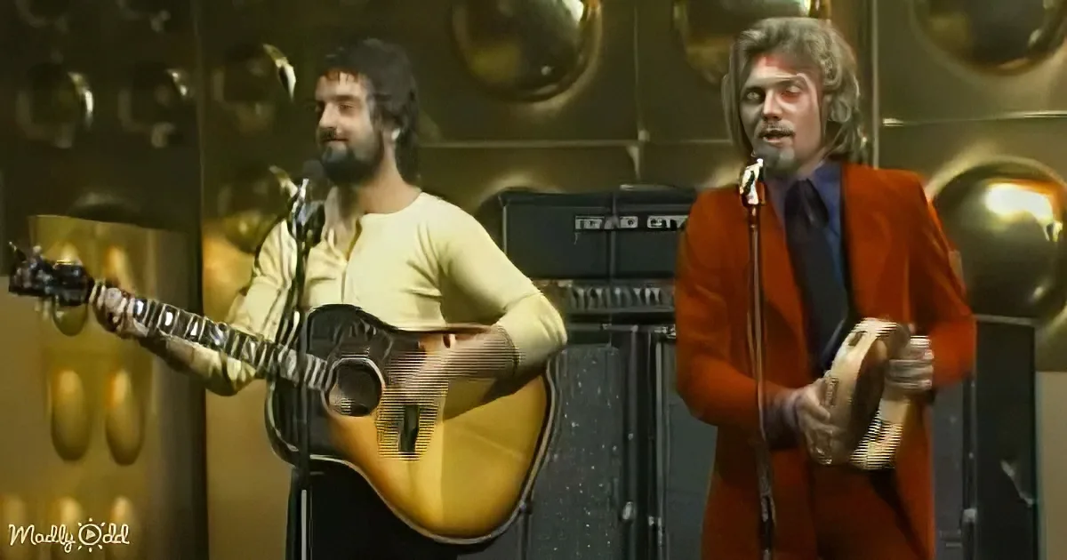 Two musicians perform on stage, one playing guitar, the other singing into a microphone.