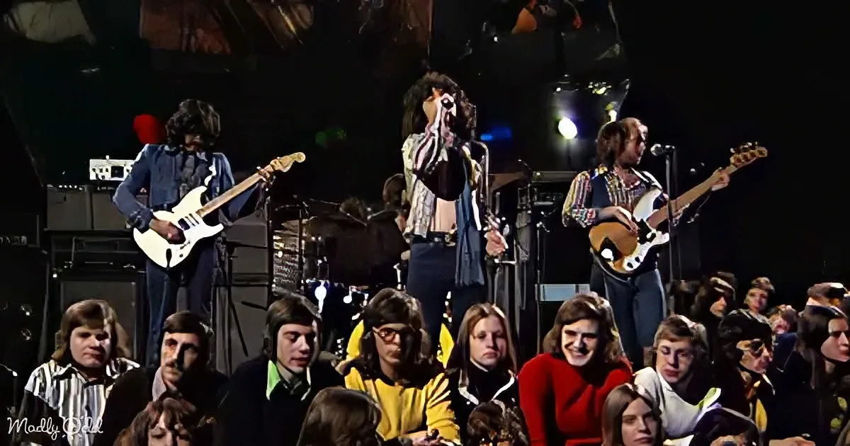 A band performs on stage with a crowd in the foreground, all dressed in 1970s fashion.