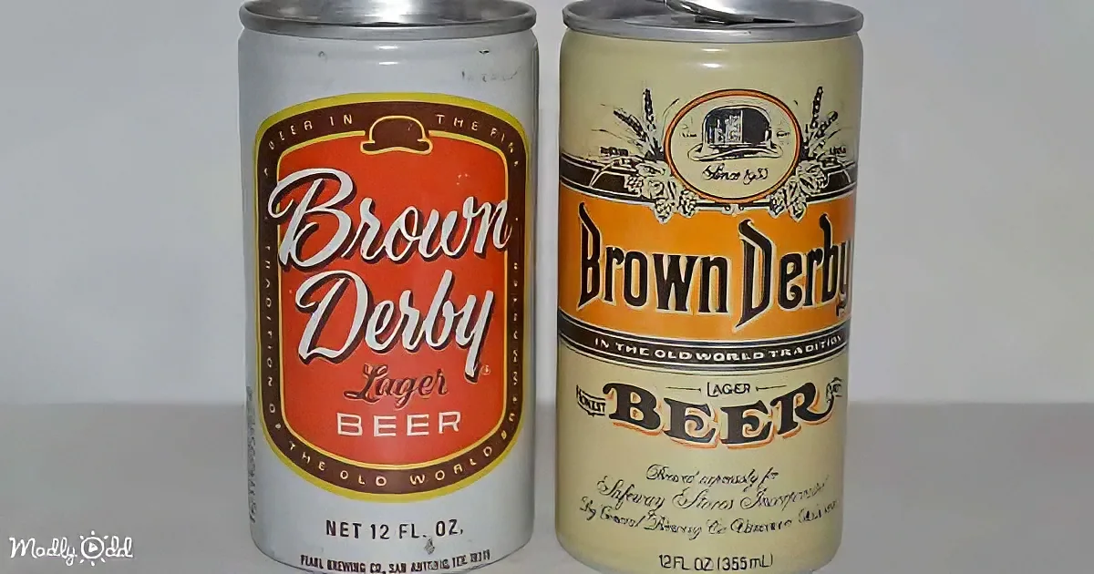 Two vintage Brown Derby beer cans, one red, one beige, displayed side by side.