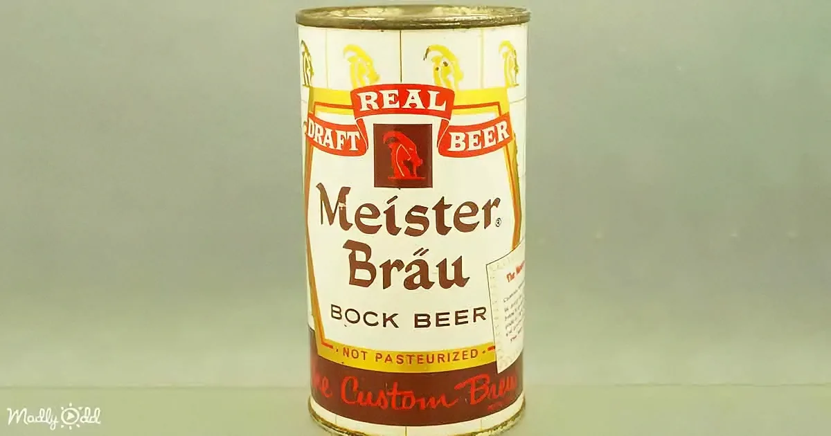 A vintage Meister Bräu Bock Beer can with "Real Draft Beer" and "Not Pasteurized" labels.
