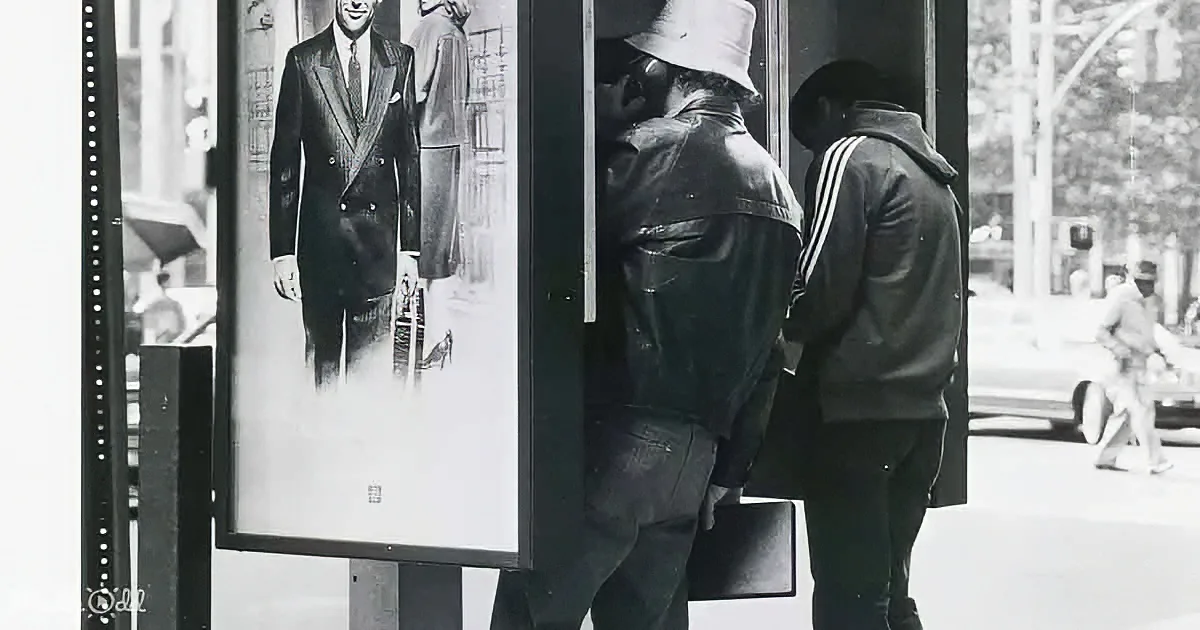 Two men in a phone booth, one wearing a hat, looking at a large advertisement of a man in a suit.