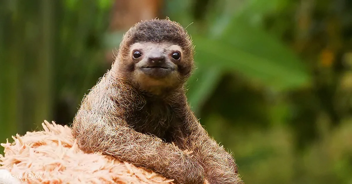 A baby sloth with brown fur and big eyes sits on a light brown surface, surrounded by green foliage.