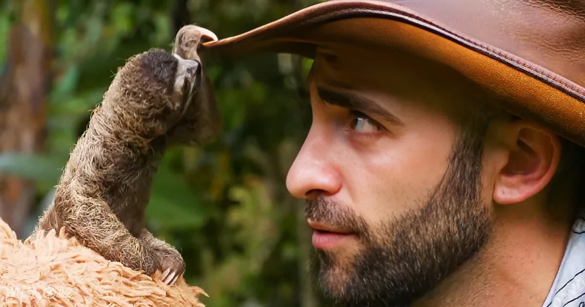 A man wearing a hat and a sloth perched on his shoulder in a lush green setting.