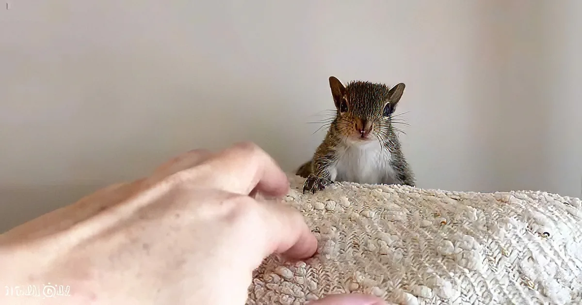 A curious squirrel stands on a textured surface, looking at a hand reaching out towards it.