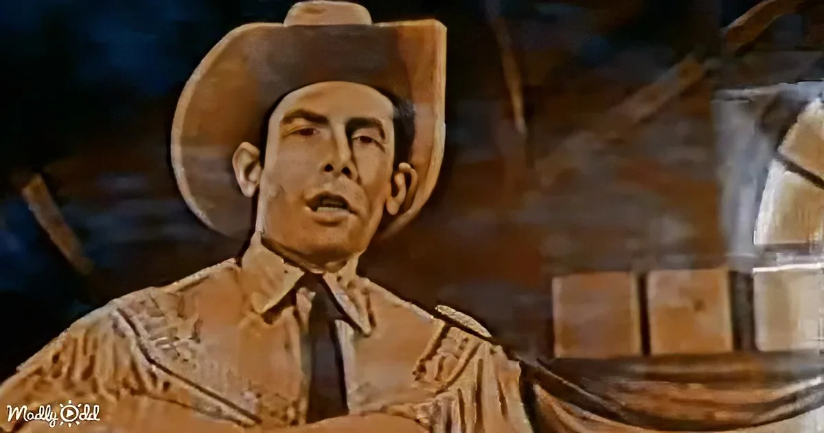 A cowboy in a wide-brimmed hat and fringed shirt stands against a rustic wooden backdrop.