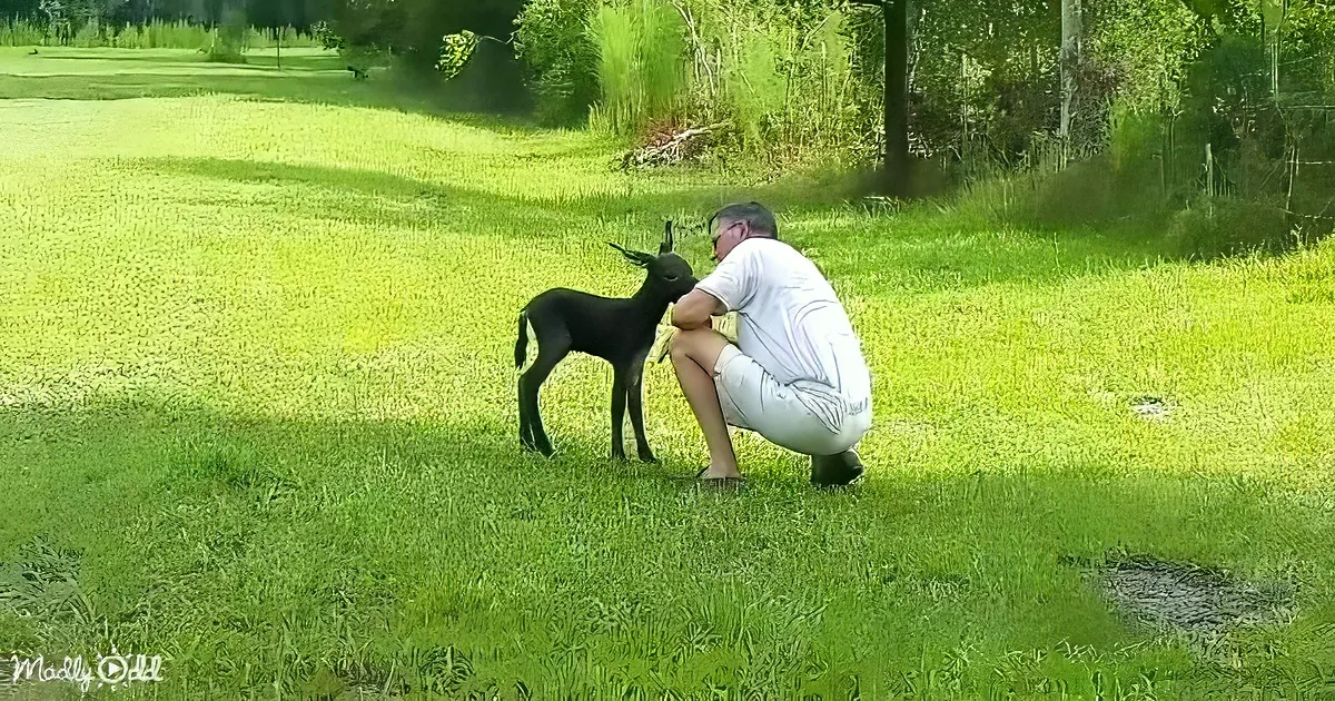 A man crouches in a grassy field, petting a small black goat.