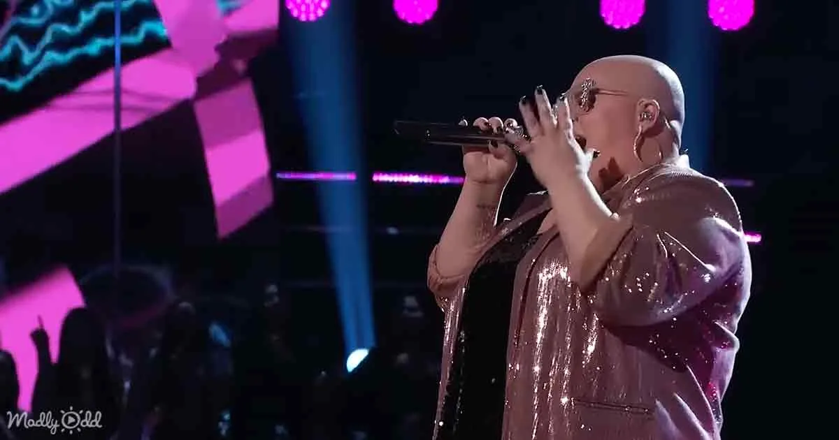 A person in a shiny outfit plays a harmonica on stage with vibrant pink lights in the background.
