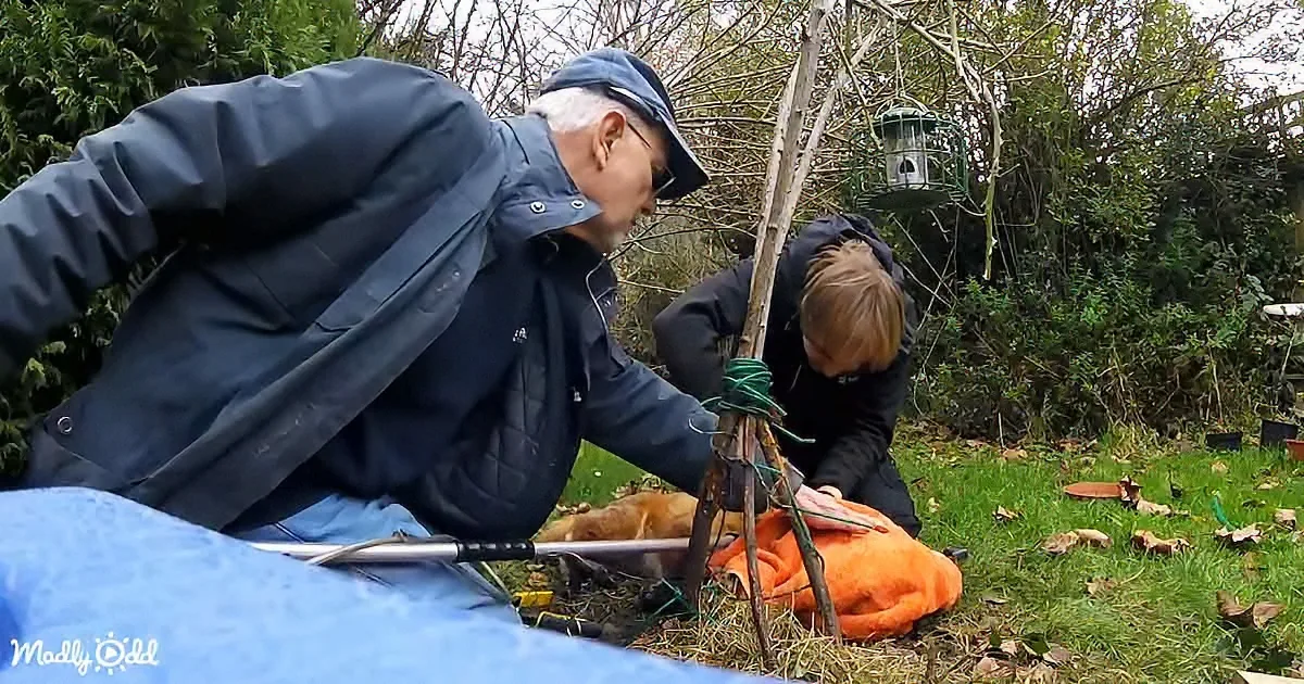 An older man in a blue jacket and cap is working outdoors, bending over a stick with a rope, surrounded by greenery and a...