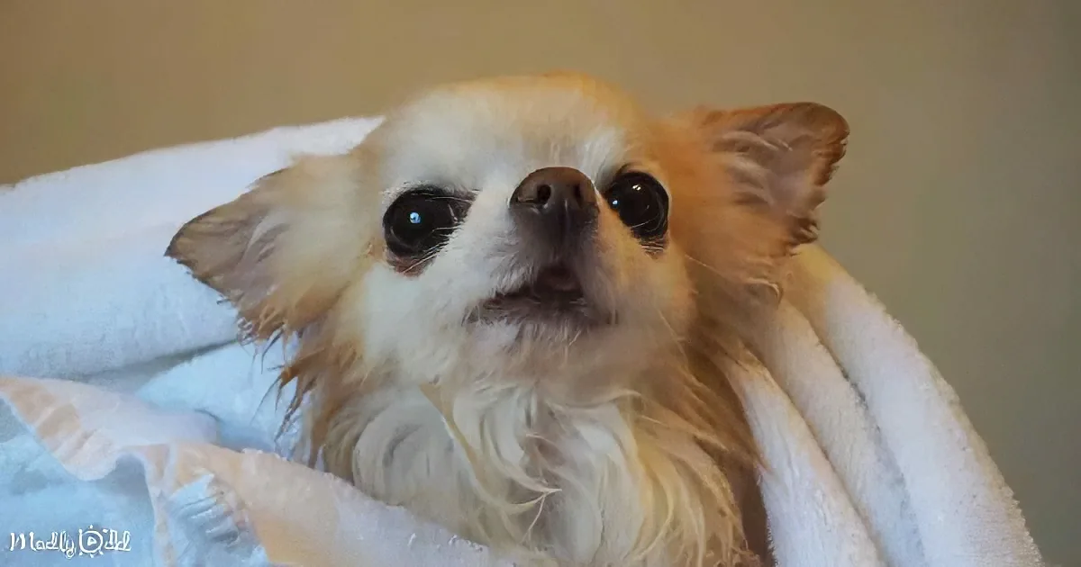 A fluffy Chihuahua with light brown and white fur is wrapped in a white blanket, looking up with a curious expression.