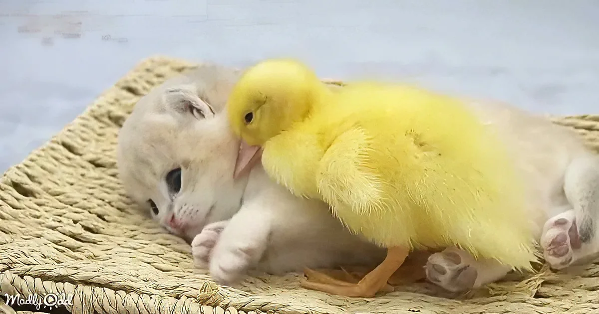 Ducklings and baby kitten