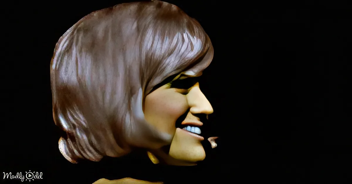 A golden statue of a smiling woman with long hair and a black background.